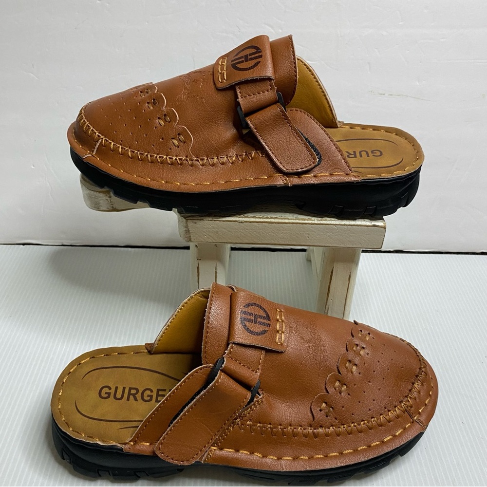 Gurger Brown Leather Slip-On Men’s Loafers Sandals Clogs Mules
